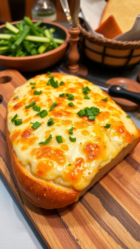 Melted five-cheese garlic bread with parsley garnish, sliced on a wooden board.